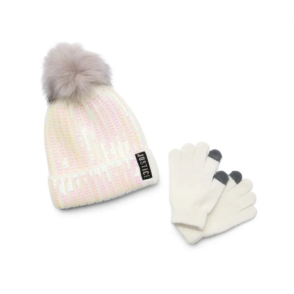 Girls Justice Ribbed & Full Print Winter Cozy Beanie and Gloves 2, 2-Piece Set